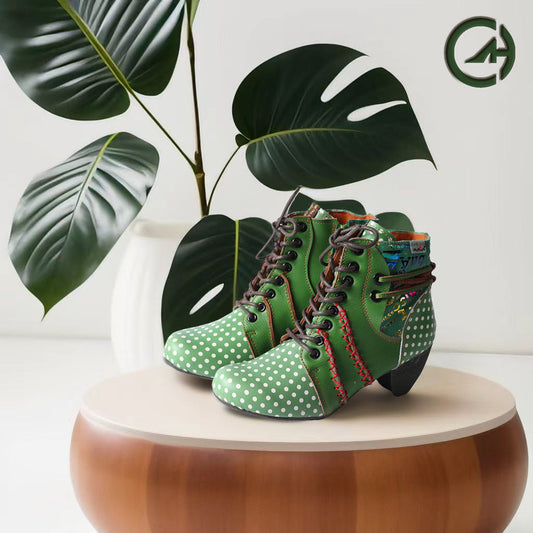 Step into Boldness with TMA EYES: The Green Chunky Heel Polka Dot Boots