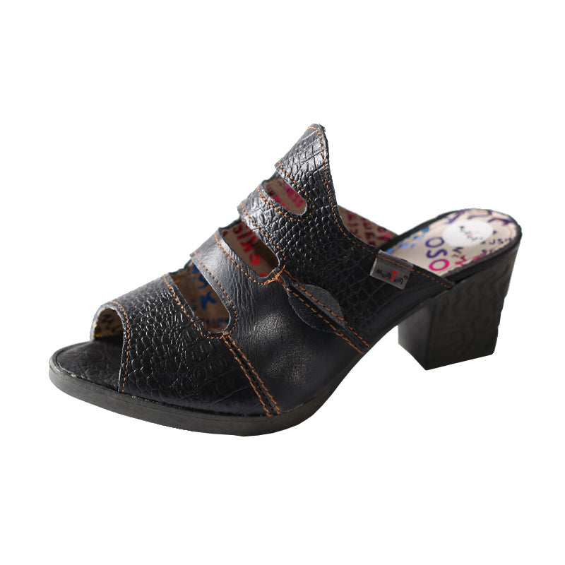 TMA EYES & MAiA Women Hollow-out Printed Leather Sandals Spliced Mid-Heeled Sandals