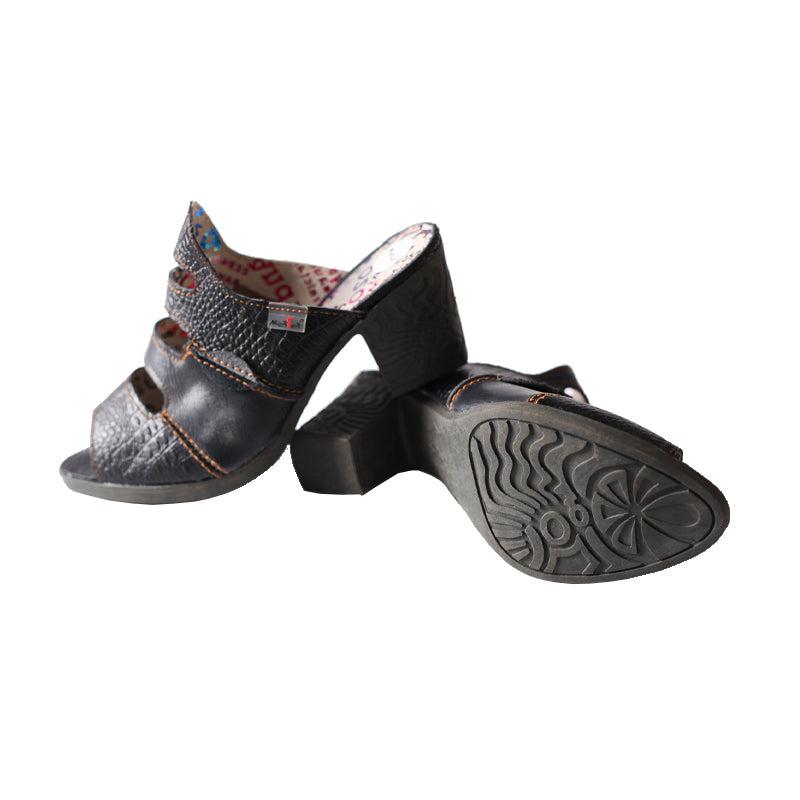 TMA EYES & MAiA Women Hollow-out Printed Leather Sandals Spliced Mid-Heeled Sandals