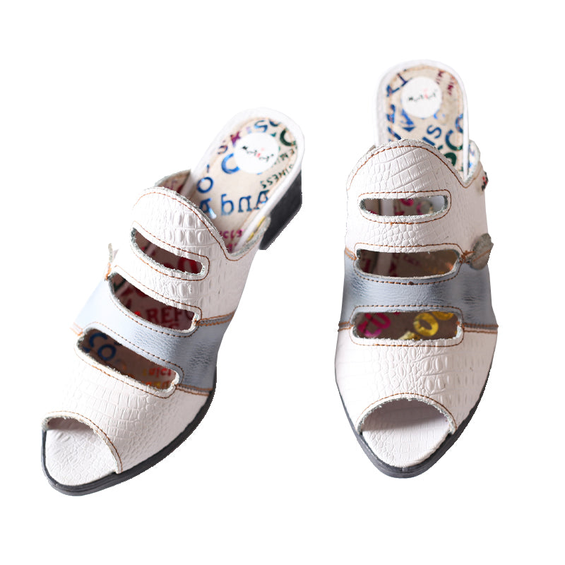 TMA EYES & MAiA Women Hollow-out Printed Leather Sandals Spliced Mid-Heeled Sandals