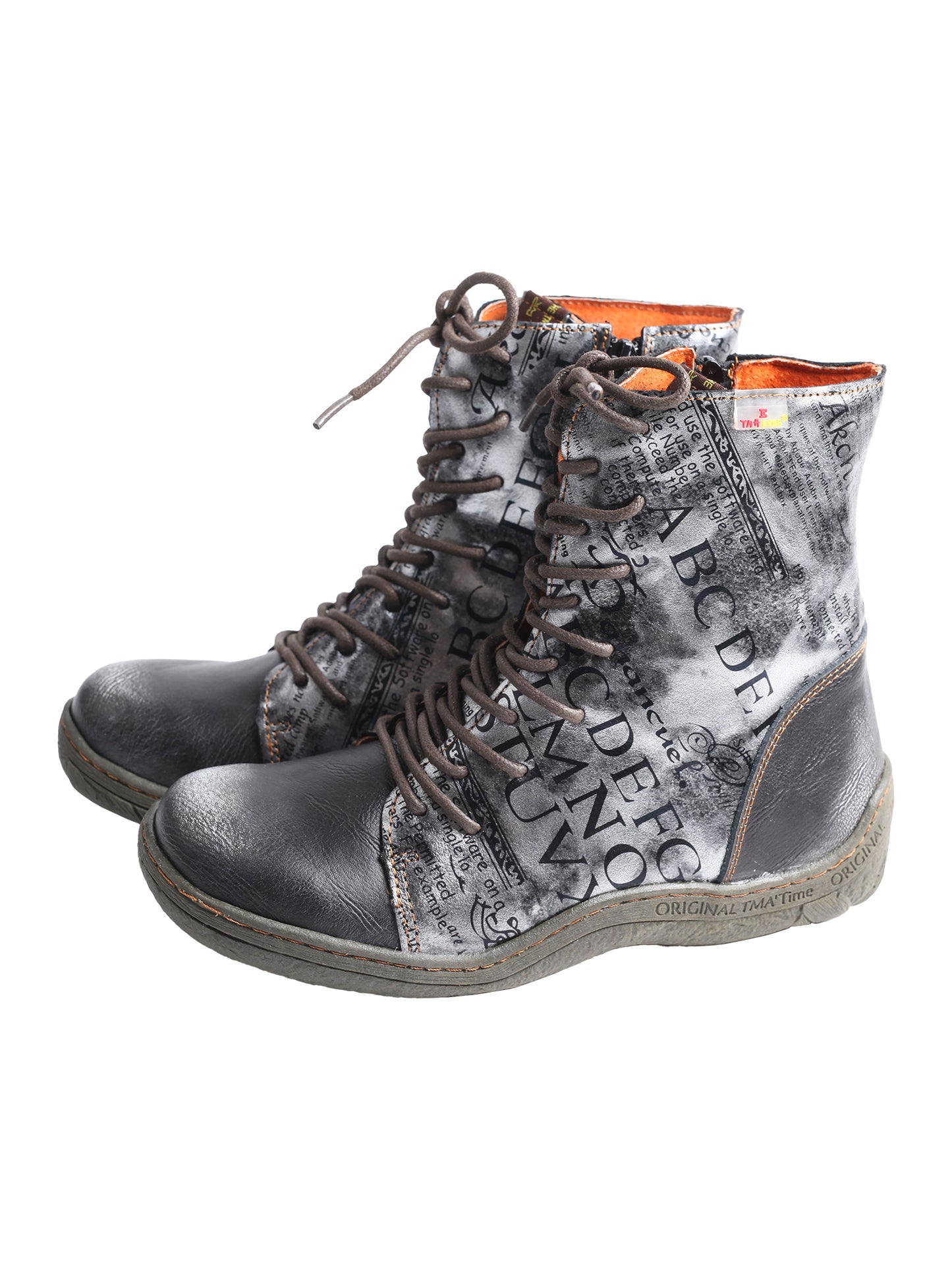 TMA EYES Women's Leather Ankle Boots Lace-Up Patchwork Letter Printing Leather Boots for Women