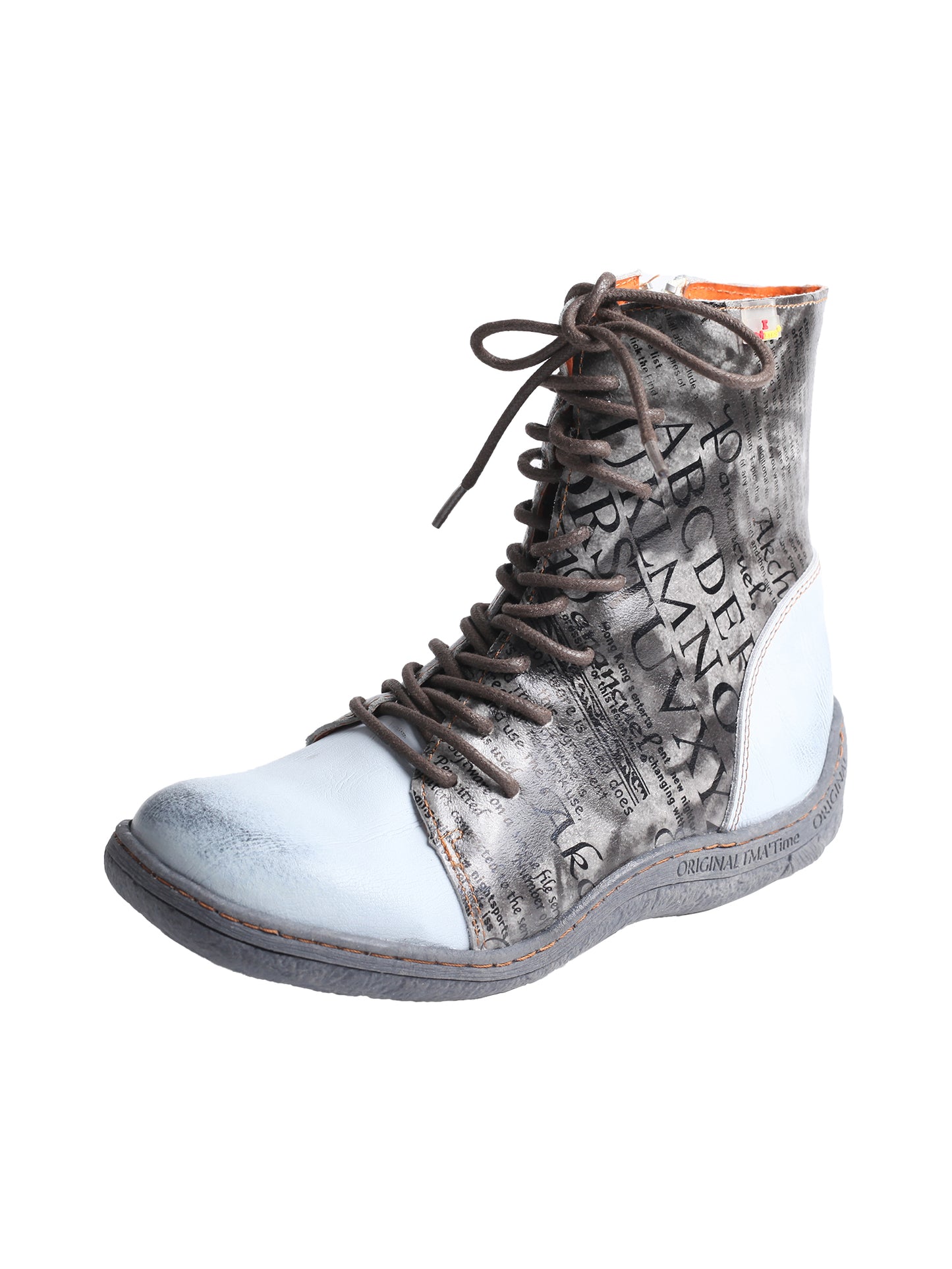 TMA EYES Women's Leather Ankle Boots Lace-Up Patchwork Letter Printing Leather Boots for Women