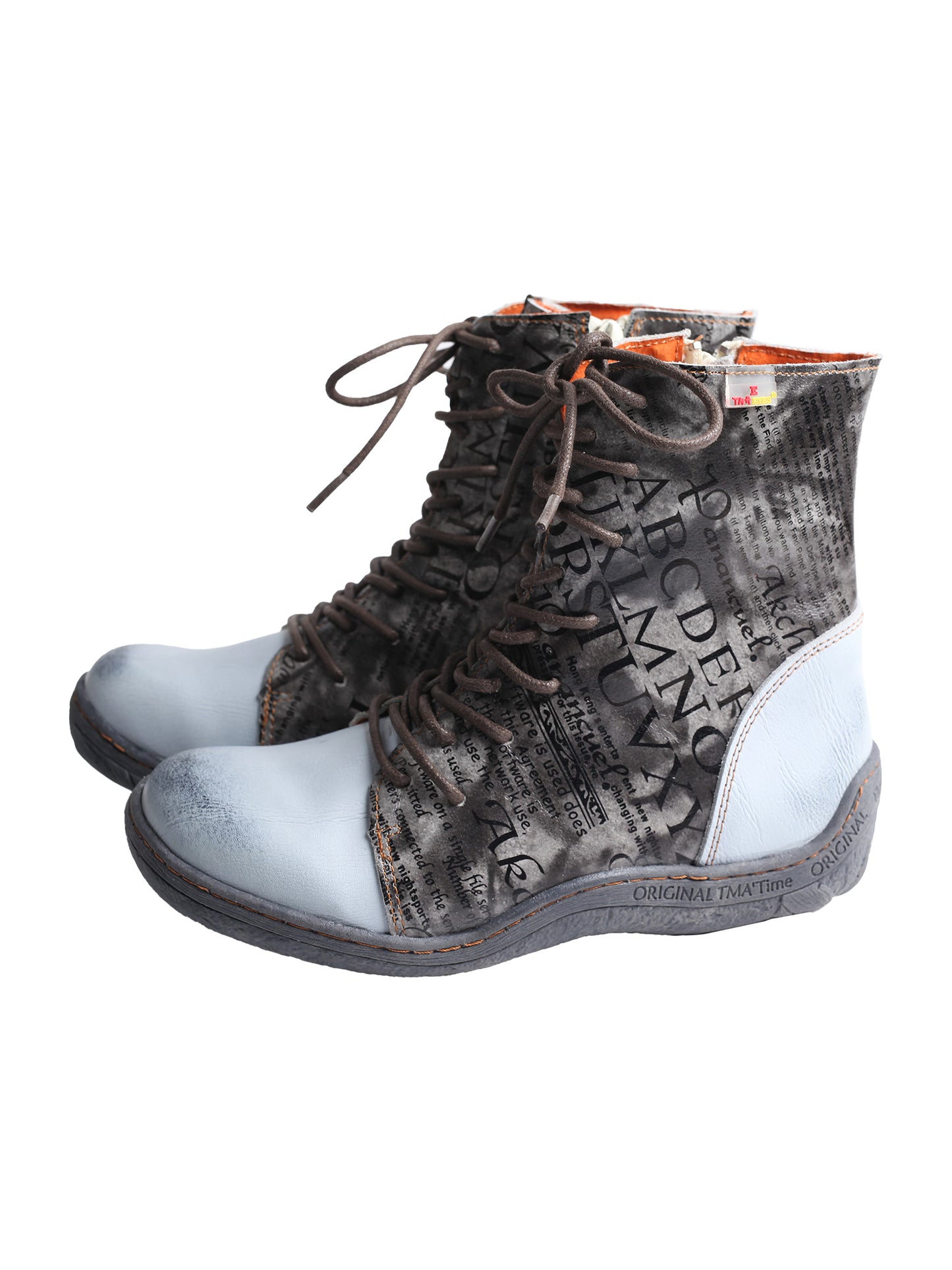 TMA EYES Women's Leather Ankle Boots Lace-Up Patchwork Letter Printing Leather Boots for Women