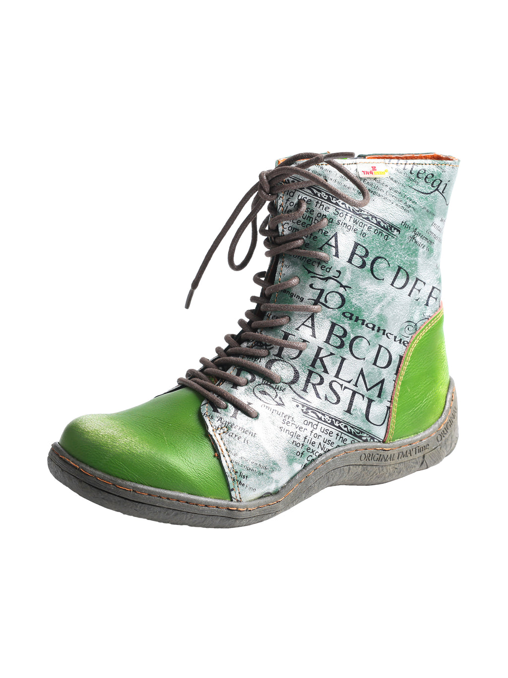 TMA EYES Women's Leather Ankle Boots Lace-Up Patchwork Letter Printing Leather Boots for Women