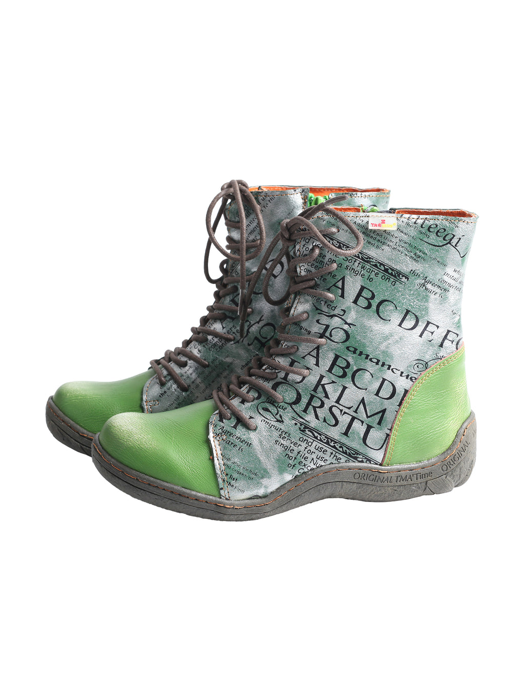 TMA EYES Women's Leather Ankle Boots Lace-Up Patchwork Letter Printing Leather Boots for Women