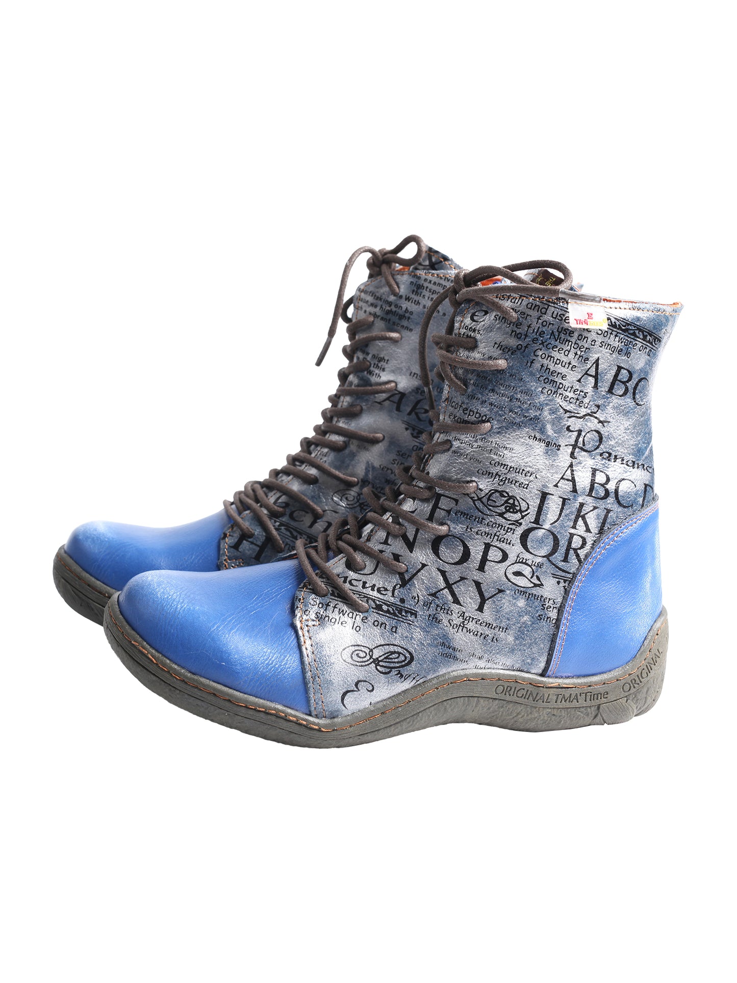 TMA EYES Women's Leather Ankle Boots Lace-Up Patchwork Letter Printing Leather Boots for Women