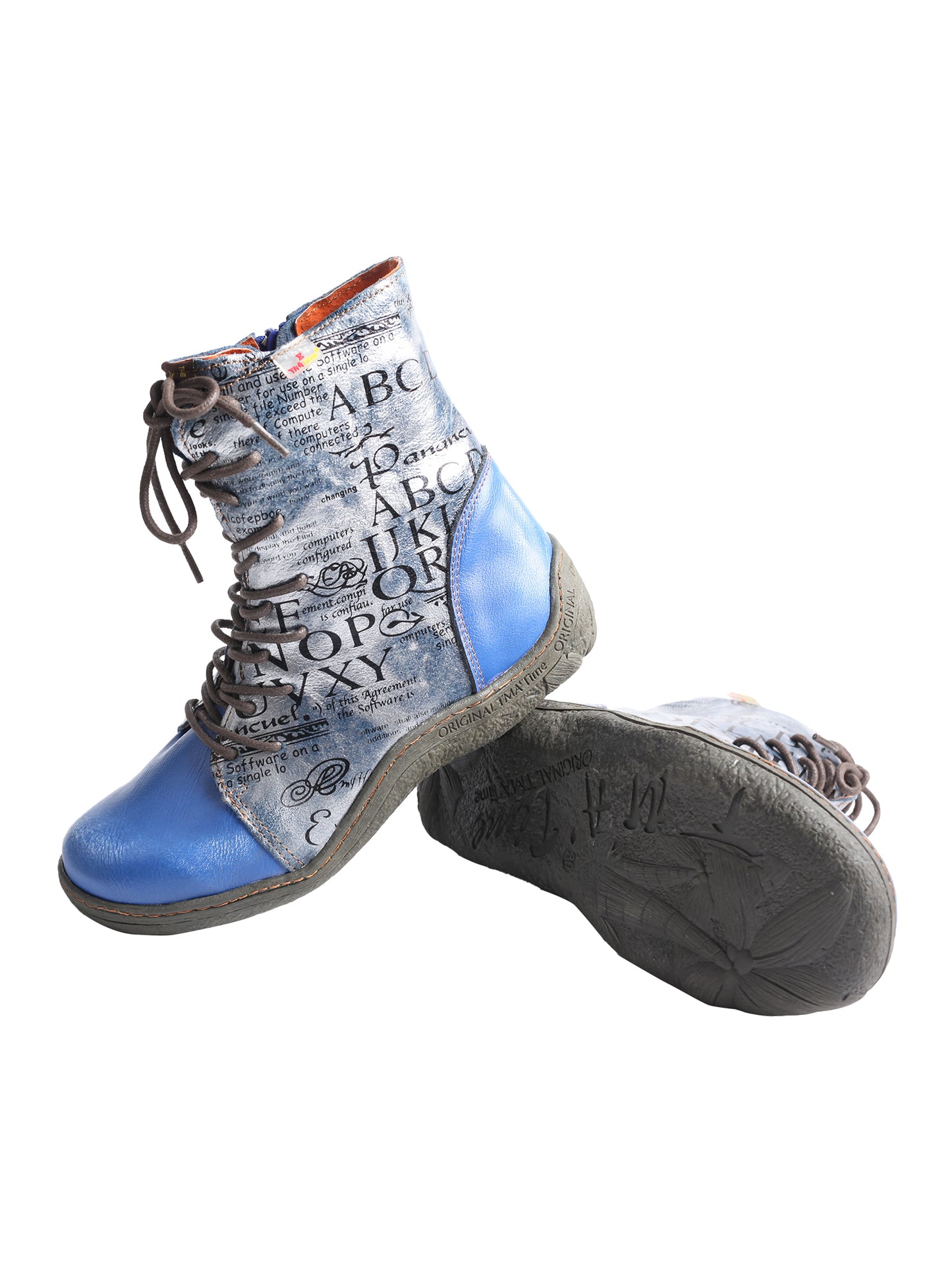 TMA EYES Women's Leather Ankle Boots Lace-Up Patchwork Letter Printing Leather Boots for Women