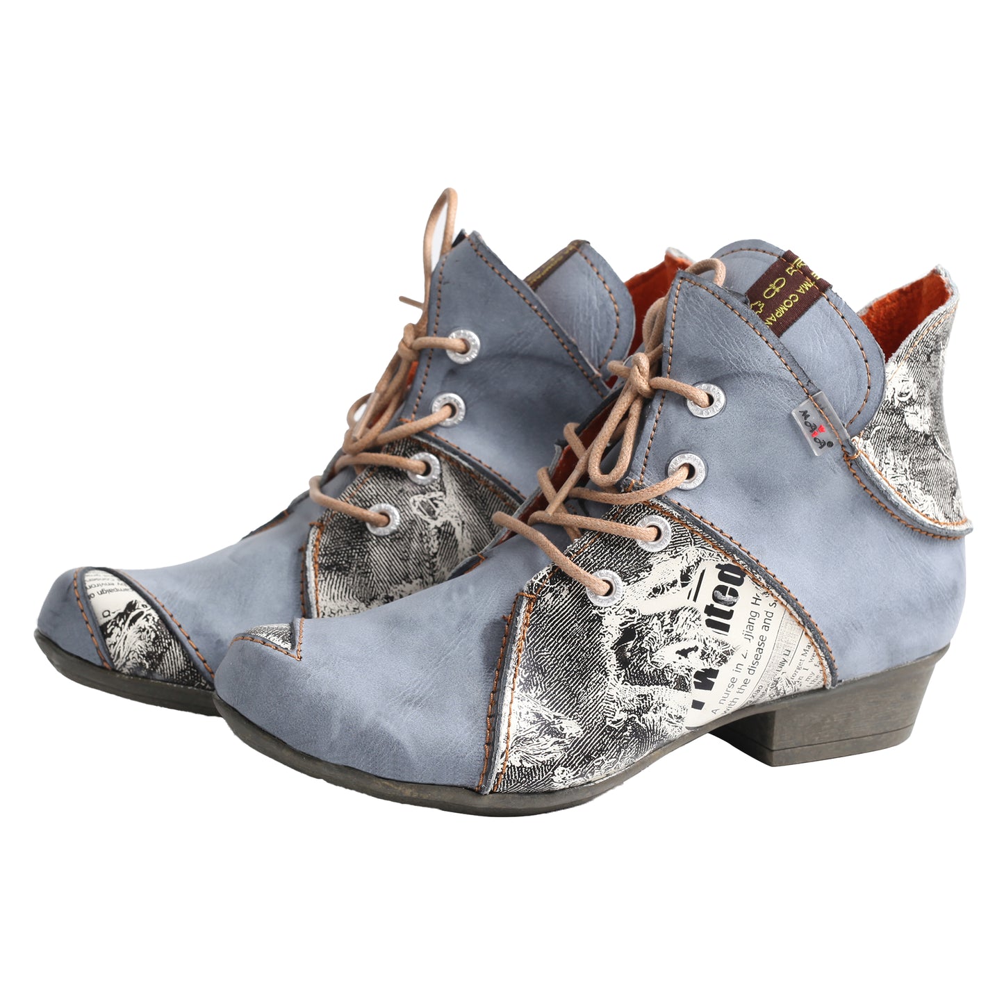 TMA EYES & MAiA Lace up Newspaper Print Leather Women's Ankle Boots