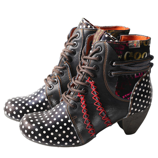 TMA EYES & MAiA Polka Dot LEather Women Boots With Moccasin Hand Stitching