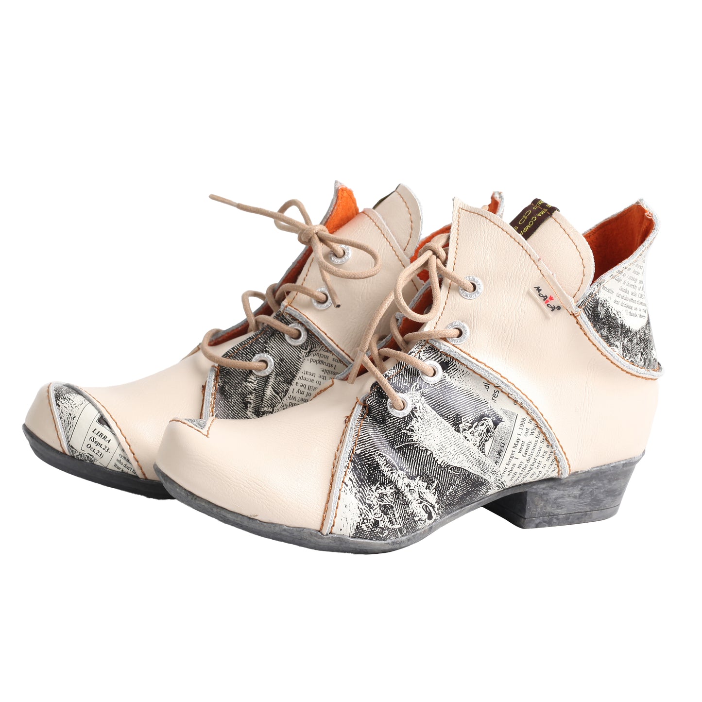 TMA EYES & MAiA Lace up Newspaper Print Leather Women's Ankle Boots