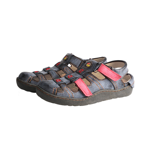 TMA EYES Women's Velcro Adjustable Round Toe Closed-Toe Leather Sandals