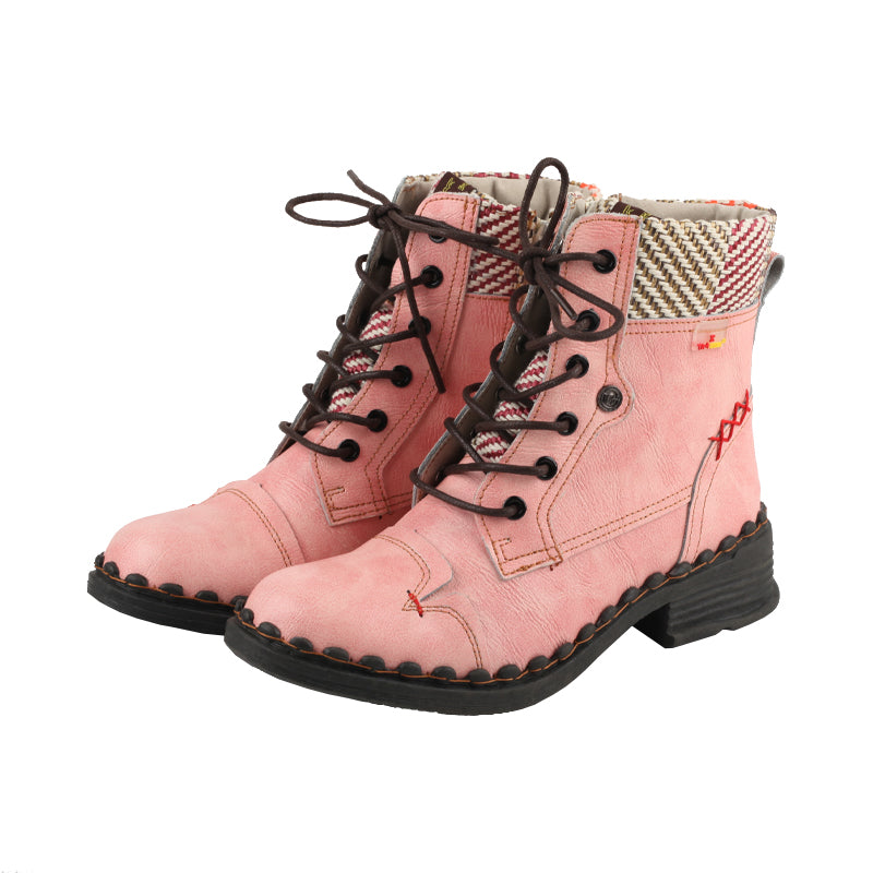 TMA EYES Women's Genuine Leather Hand-stitched Stitching Woven Top Style Zipper Lace-up Martin Boots
