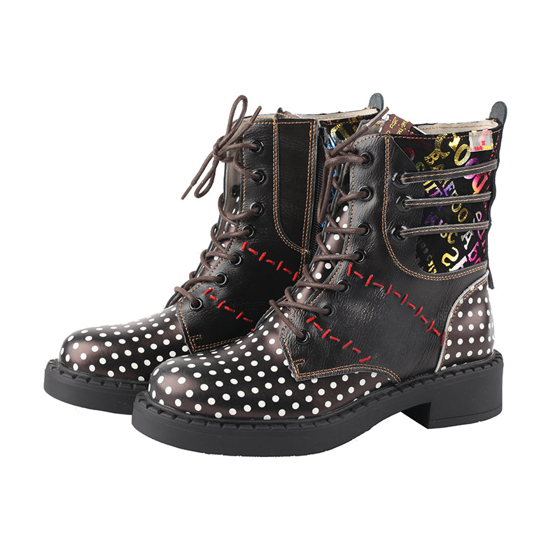 TMA EYE Women's Hand-sewn Stitching Random Printed Fashionable Polka Dot Martin Boots Lace-up Zipper two-wear Short Boots