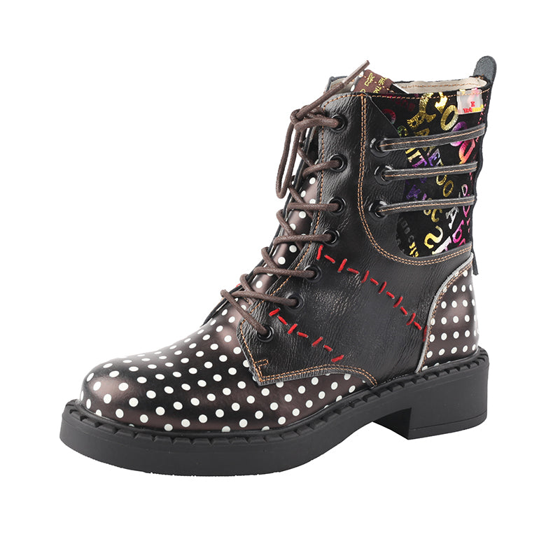 TMA EYE Women's Hand-sewn Stitching Random Printed Fashionable Polka Dot Martin Boots Lace-up Zipper two-wear Short Boots