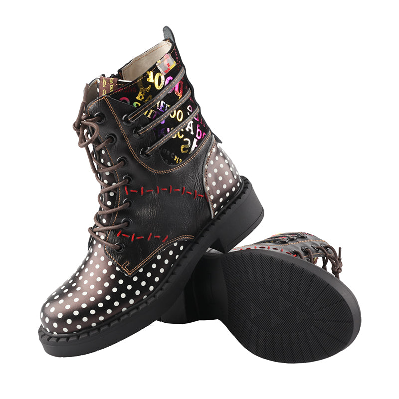 TMA EYE Women's Hand-sewn Stitching Random Printed Fashionable Polka Dot Martin Boots Lace-up Zipper two-wear Short Boots