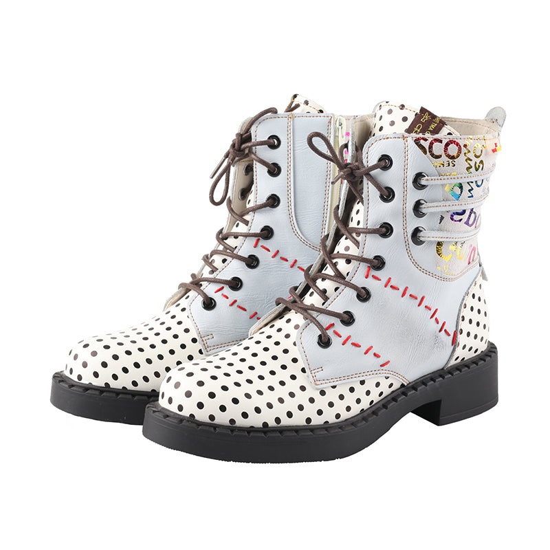 TMA EYE Women's Hand-sewn Stitching Random Printed Fashionable Polka Dot Martin Boots Lace-up Zipper two-wear Short Boots