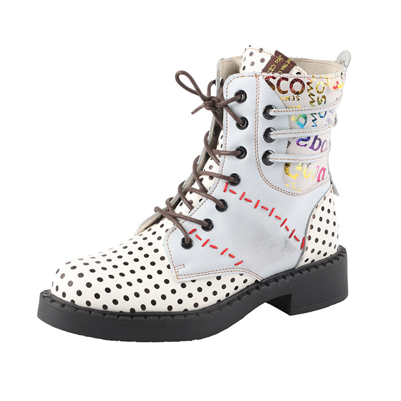 TMA EYE Women's Hand-sewn Stitching Random Printed Fashionable Polka Dot Martin Boots Lace-up Zipper two-wear Short Boots