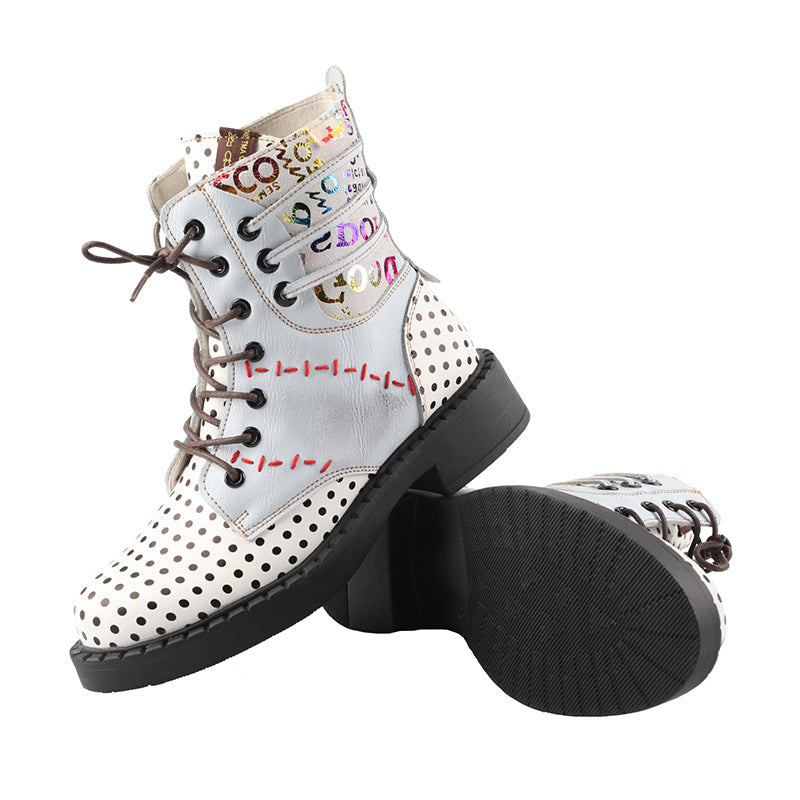 TMA EYE Women's Hand-sewn Stitching Random Printed Fashionable Polka Dot Martin Boots Lace-up Zipper two-wear Short Boots