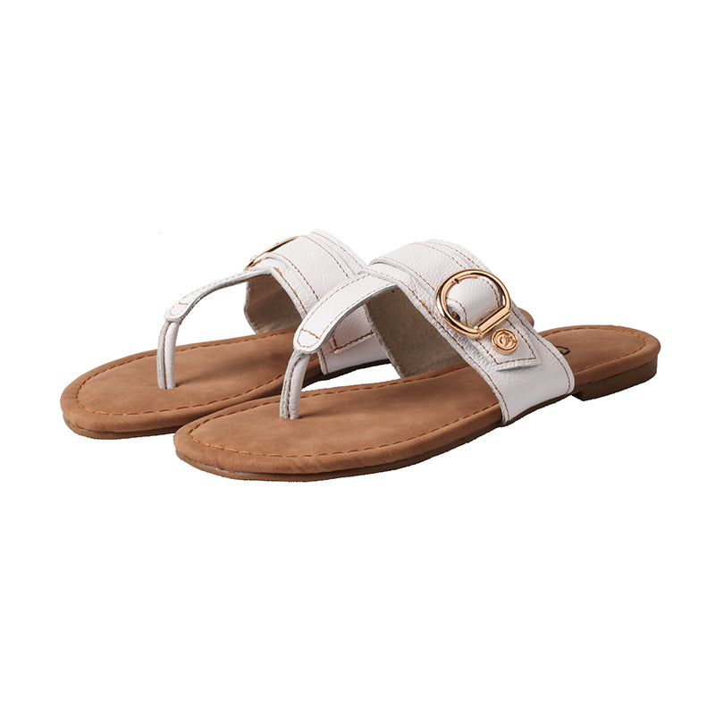 TMA EYES Women's Top-Grain Leather Metal Buckle Toe-Loop Flip-Flop Sandals: Stylish Flat Indoor Slippers crafted from Genuine Leather