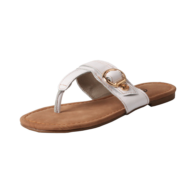 TMA EYES Women's Top-Grain Leather Metal Buckle Toe-Loop Flip-Flop Sandals: Stylish Flat Indoor Slippers crafted from Genuine Leather