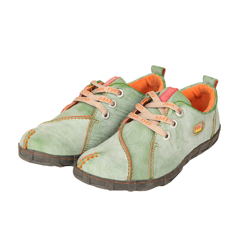 TMA EYES Retro Handmade Soft Leather Shoes Women's Flat Lace-up Walking Casual Shoes