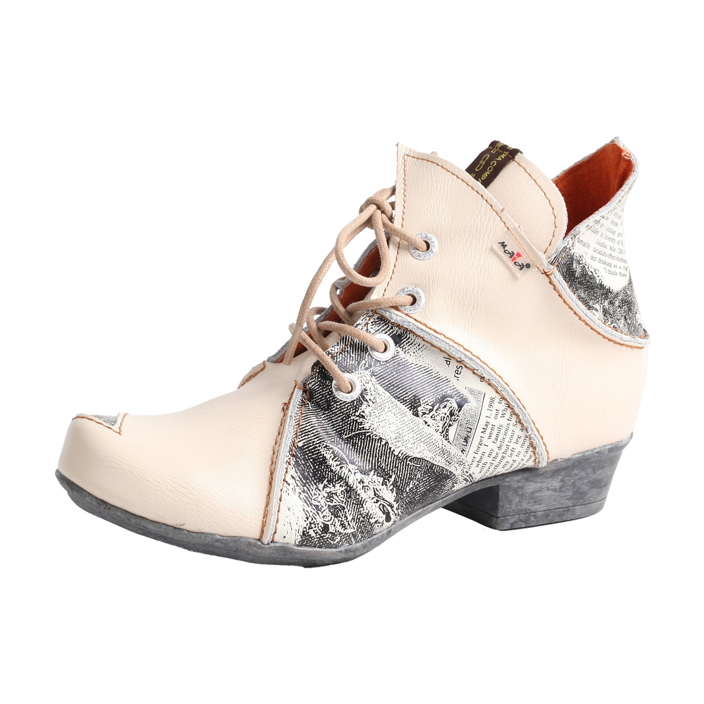 TMA EYES & MAiA Lace up Newspaper Print Leather Women's Ankle Boots