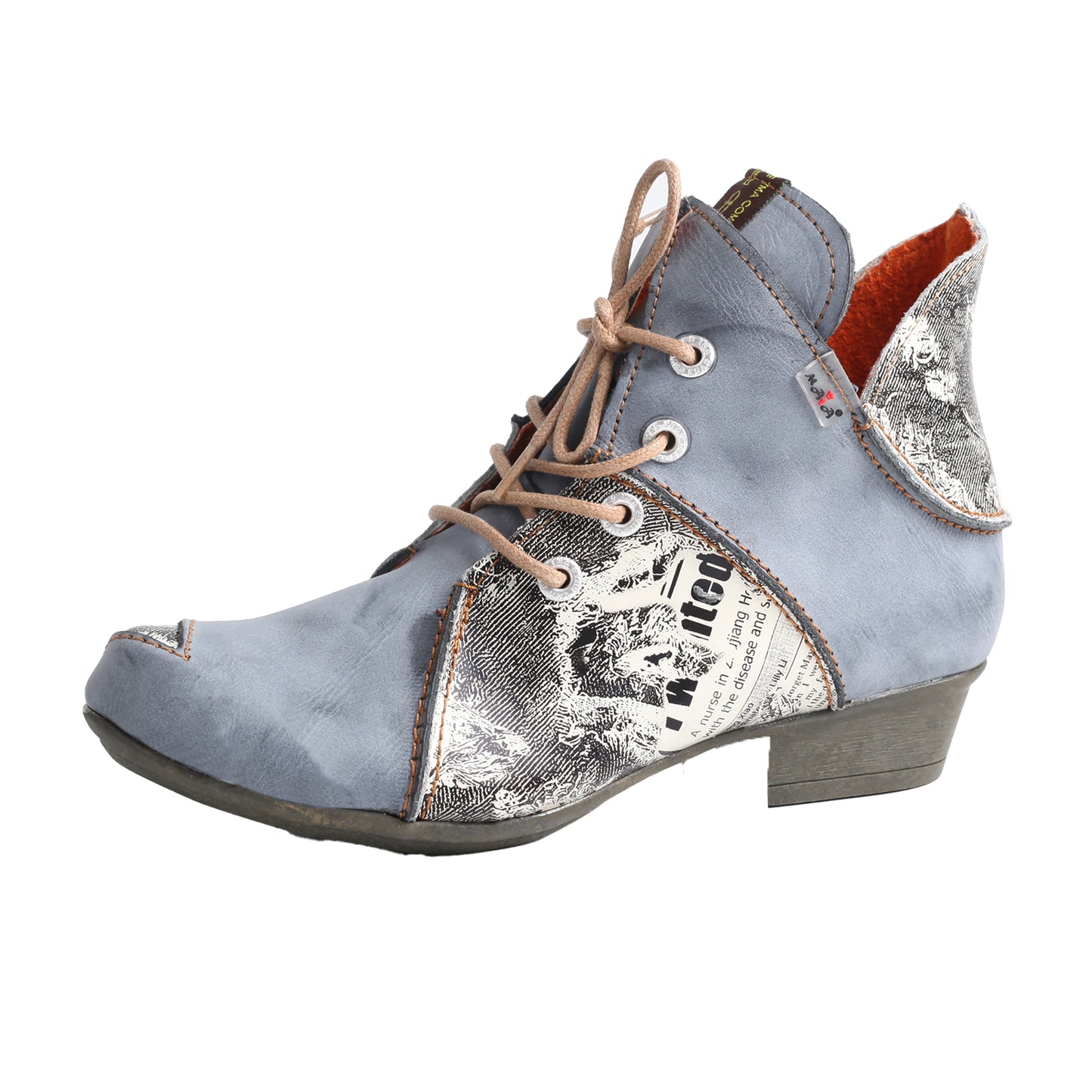 TMA EYES & MAiA Lace up Newspaper Print Leather Women's Ankle Boots