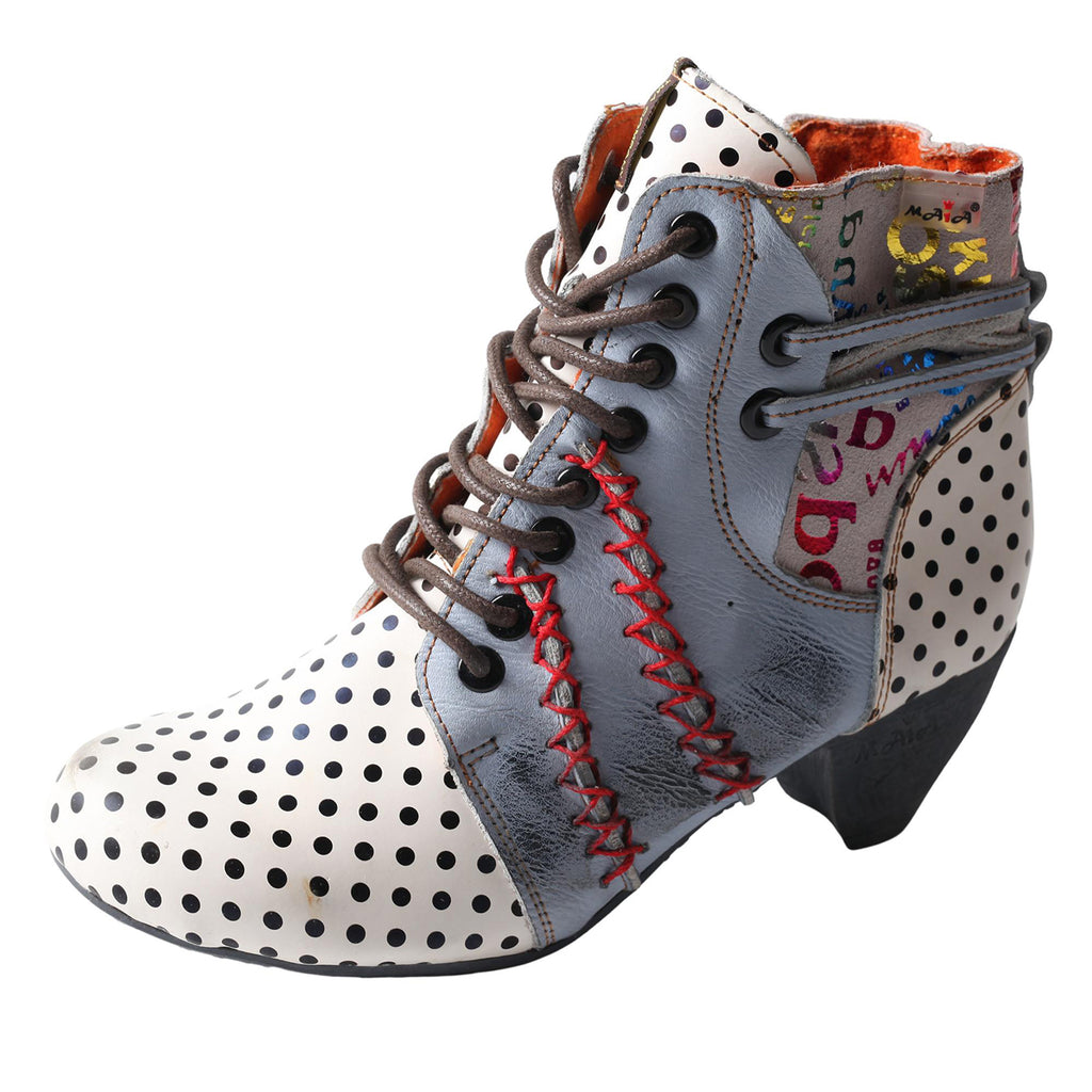 TMA EYES & MAiA Polka Dot LEather Women Boots With Moccasin Hand Stitching
