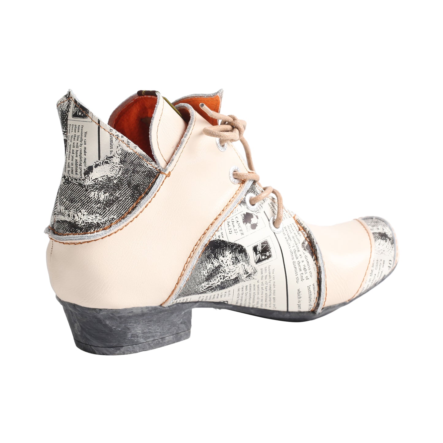 TMA EYES & MAiA Lace up Newspaper Print Leather Women's Ankle Boots