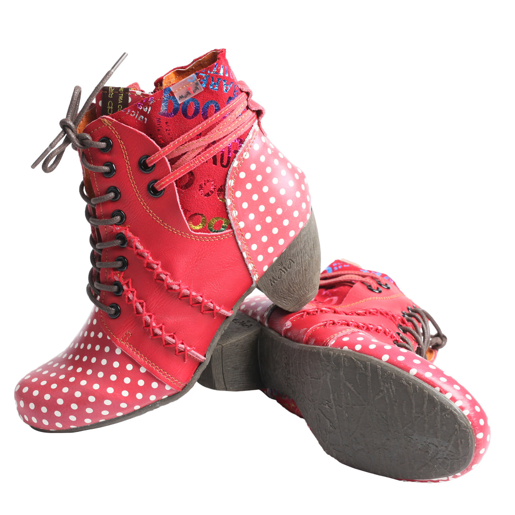 TMA EYES & MAiA Polka Dot LEather Women Boots With Moccasin Hand Stitching