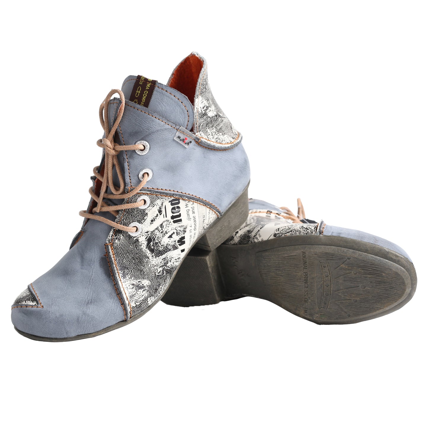 TMA EYES & MAiA Lace up Newspaper Print Leather Women's Ankle Boots