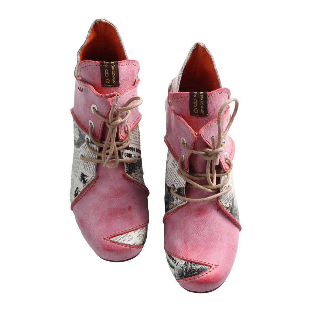 TMA EYES & MAiA Lace up Newspaper Print Leather Women's Ankle Boots