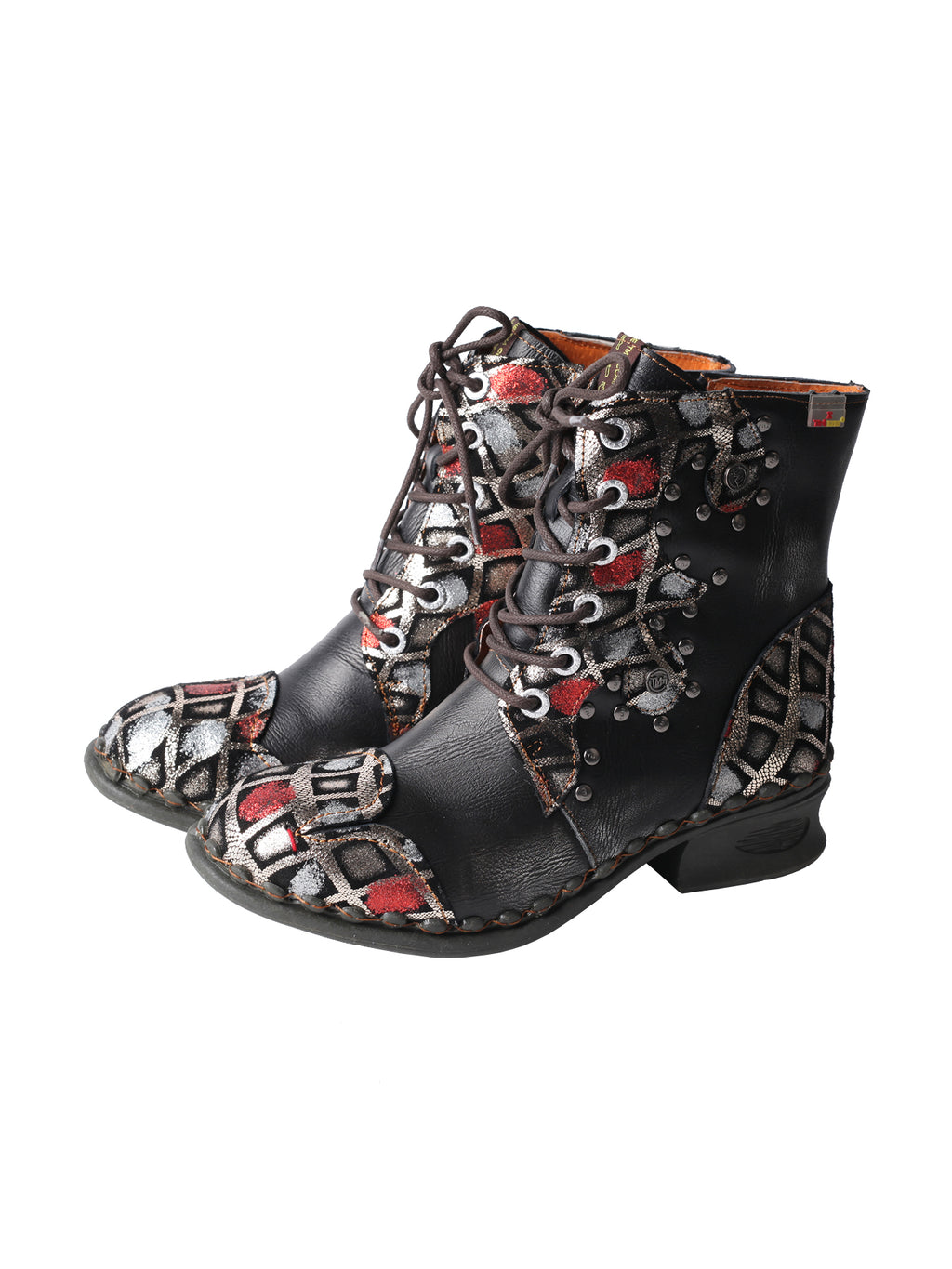 TMA EYES Geometric-Contrast Patchwork Leather Combat Women Boot