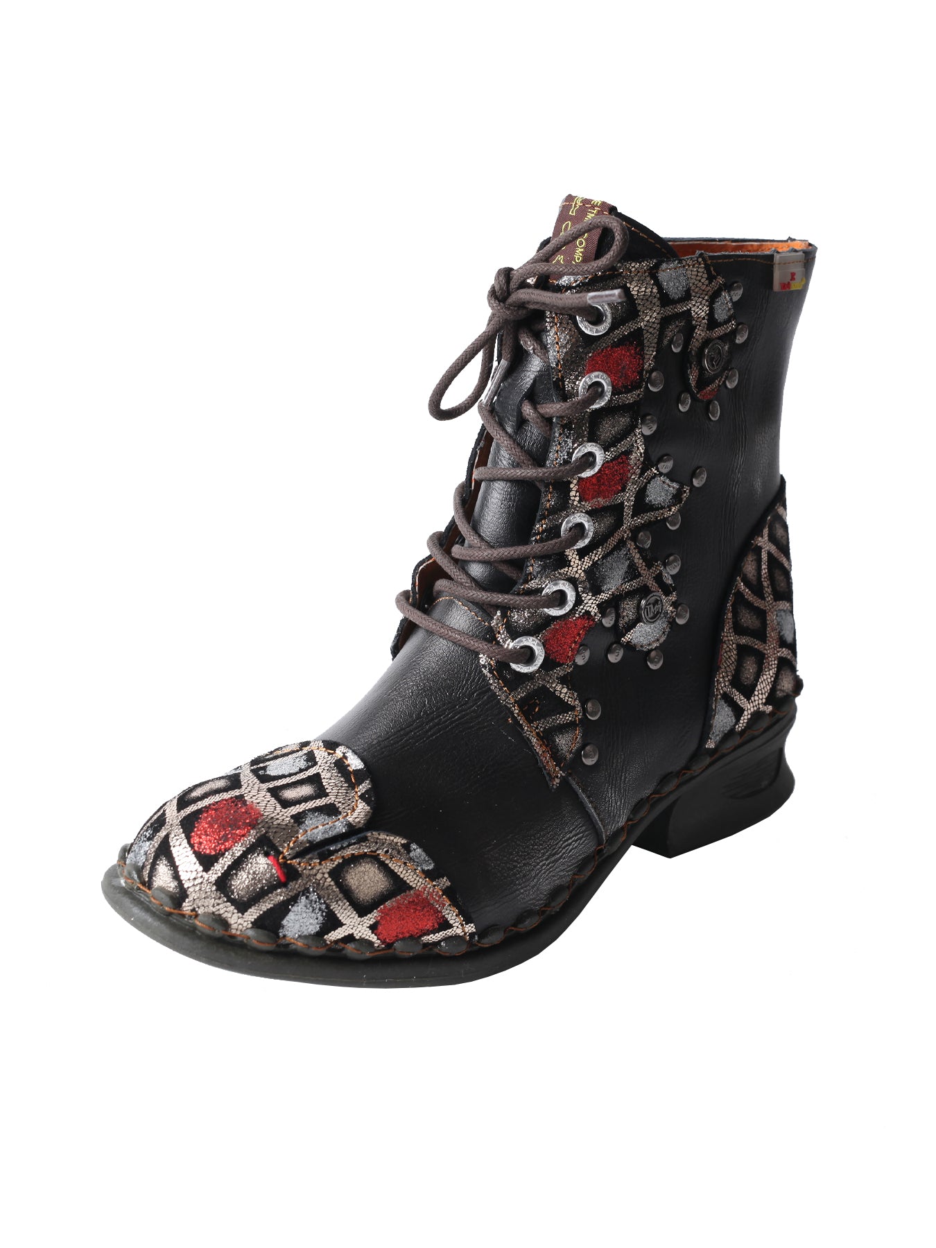 TMA EYES Geometric-Contrast Patchwork Leather Combat Women Boot