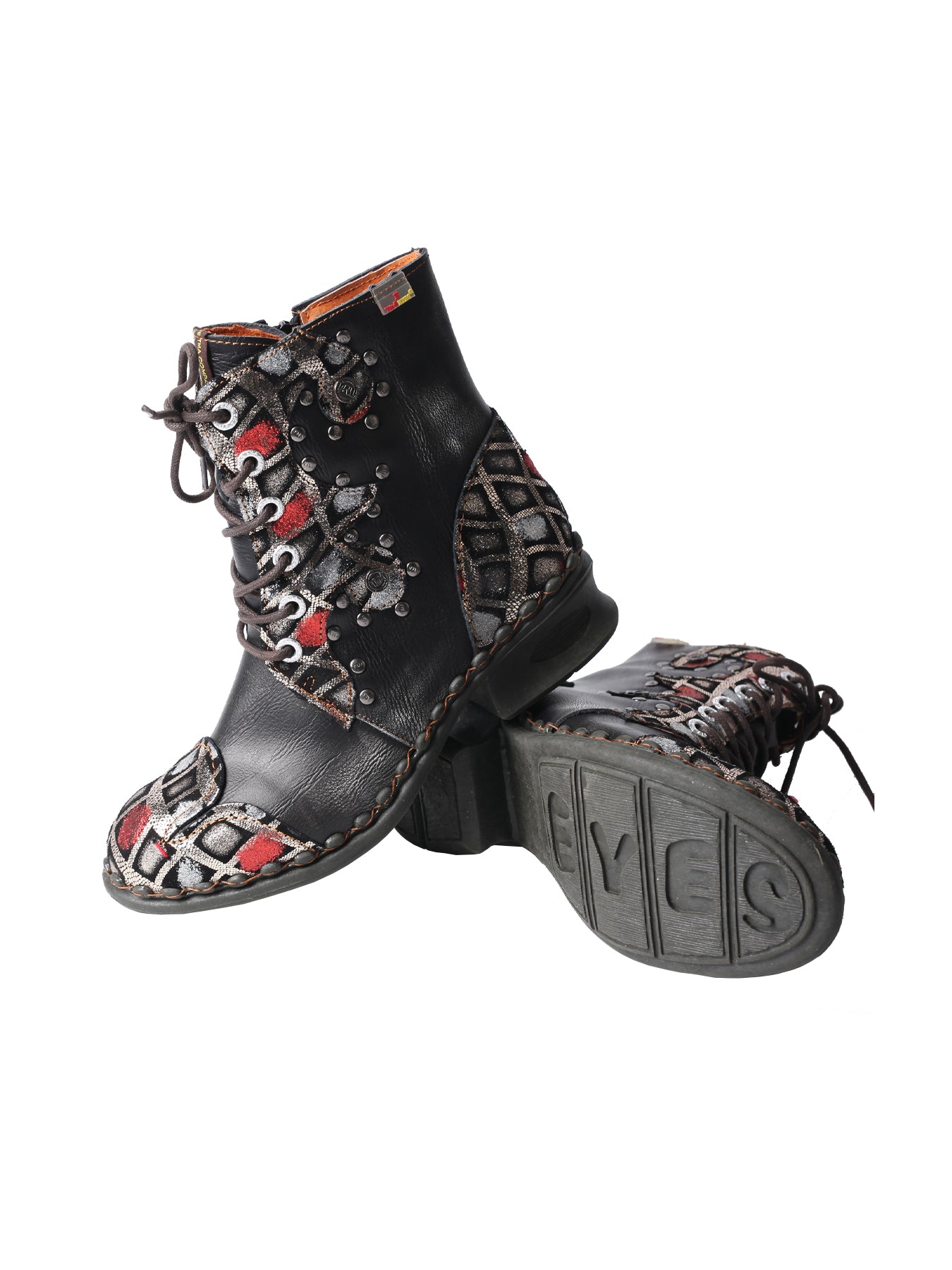 TMA EYES Geometric-Contrast Patchwork Leather Combat Women Boot