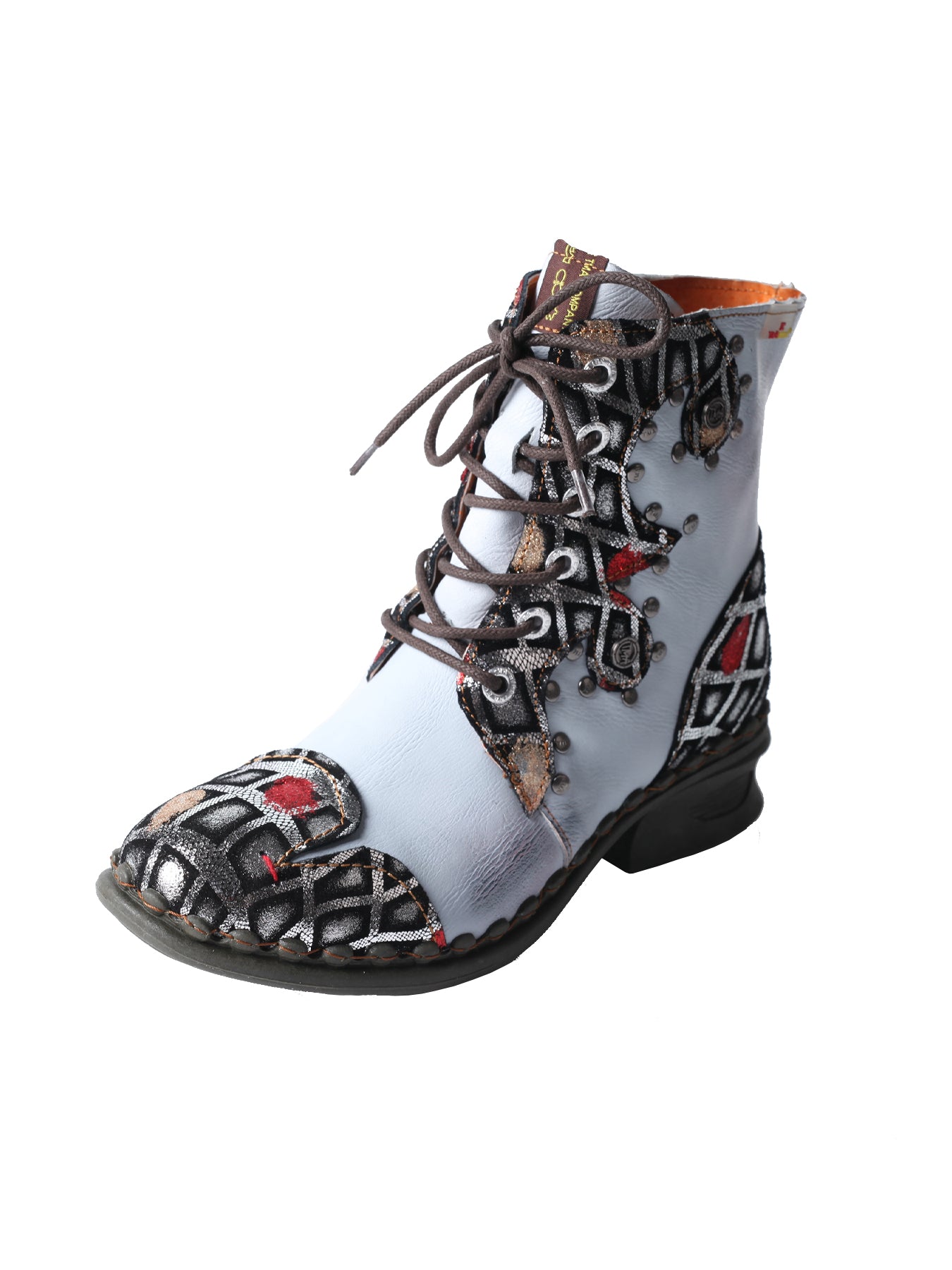 TMA EYES Geometric-Contrast Patchwork Leather Combat Women Boot