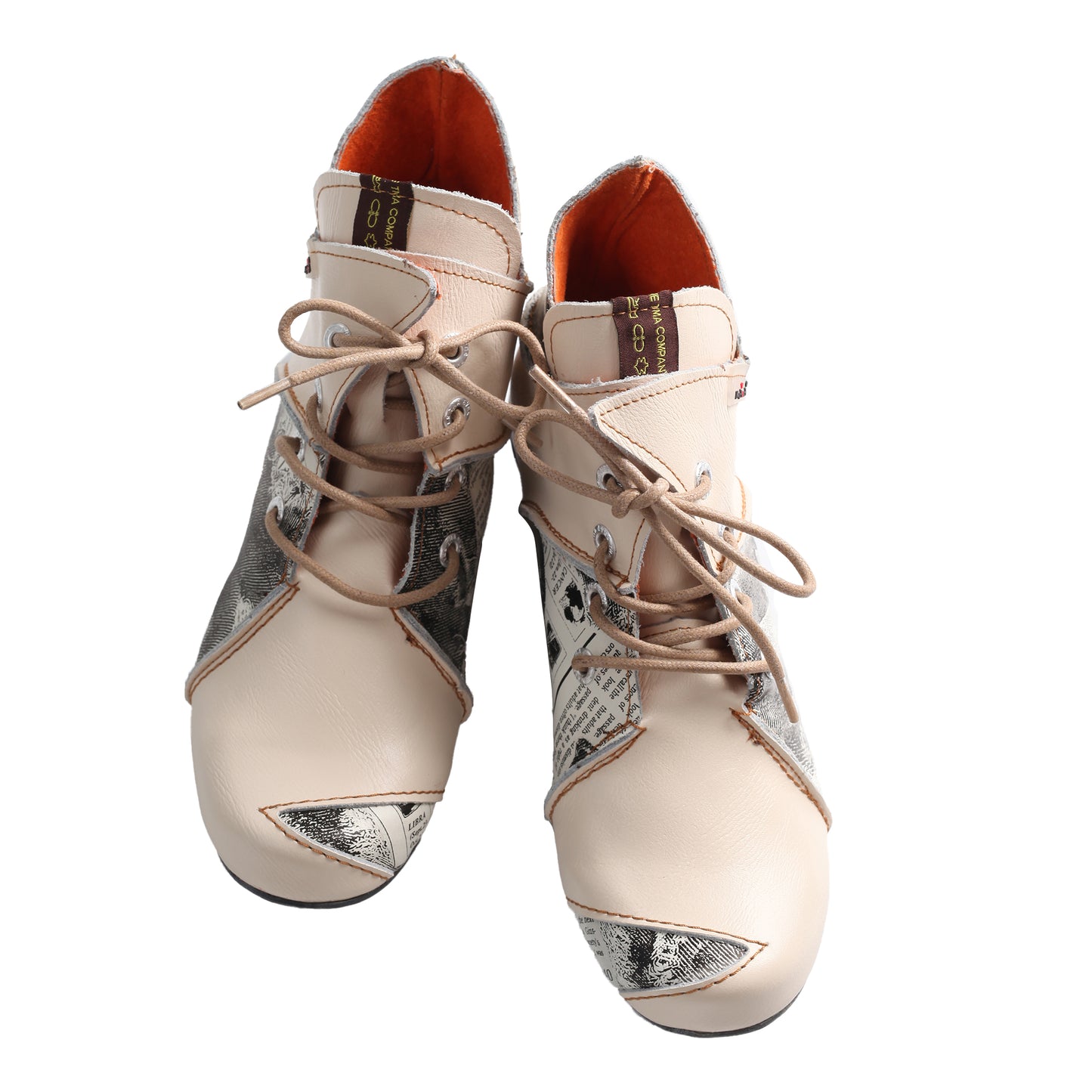 TMA EYES & MAiA Lace up Newspaper Print Leather Women's Ankle Boots