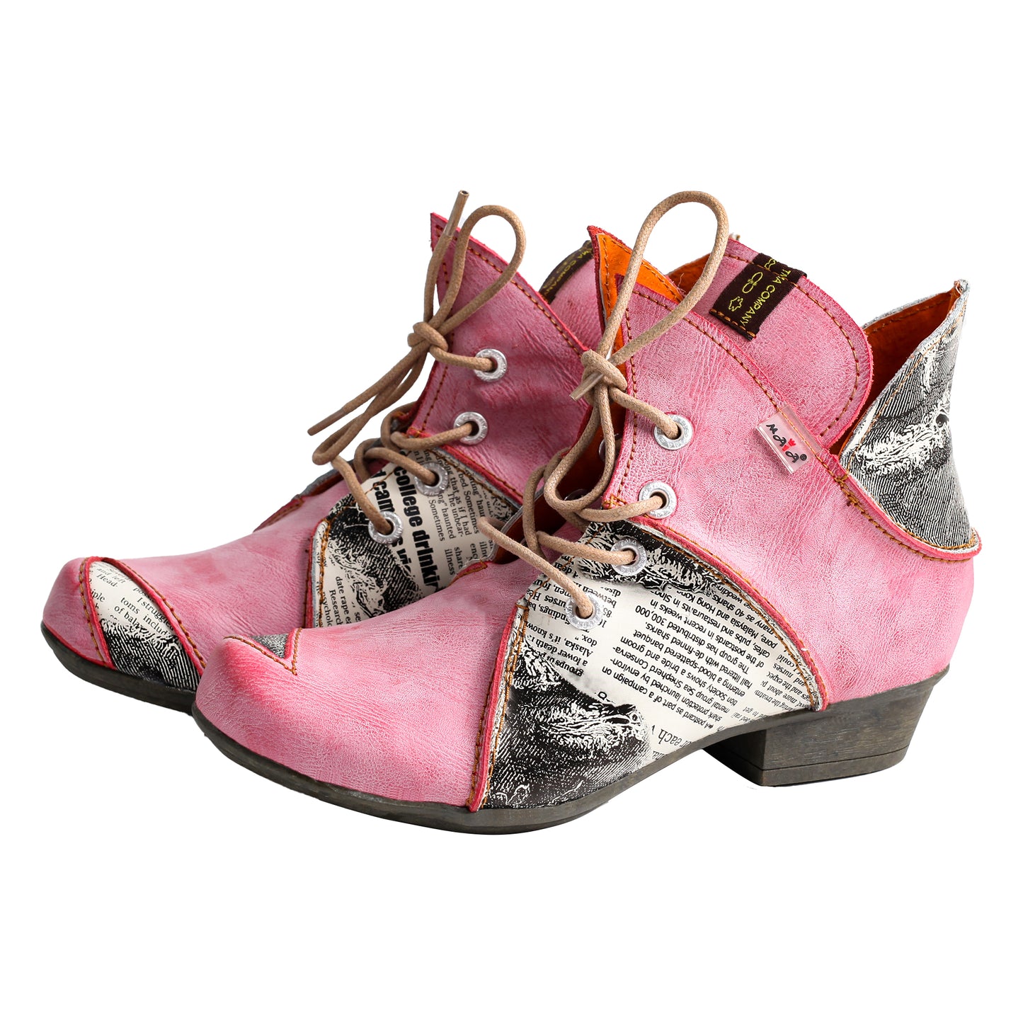 TMA EYES & MAiA Lace up Newspaper Print Leather Women's Ankle Boots