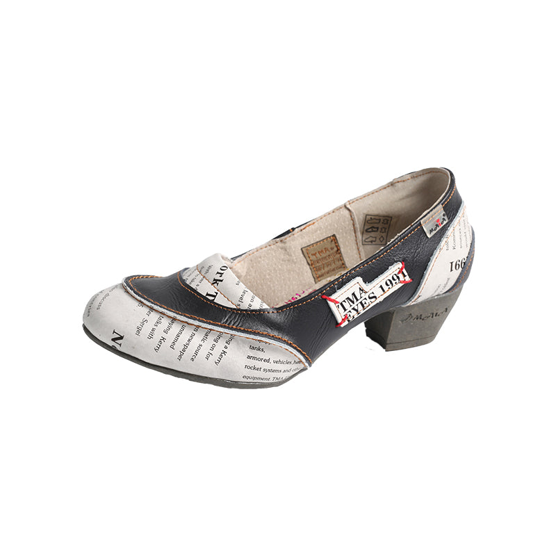TMA EYES & MAiA Patchwork Newspaper Printed Leather Low-Heeled Women Shoes