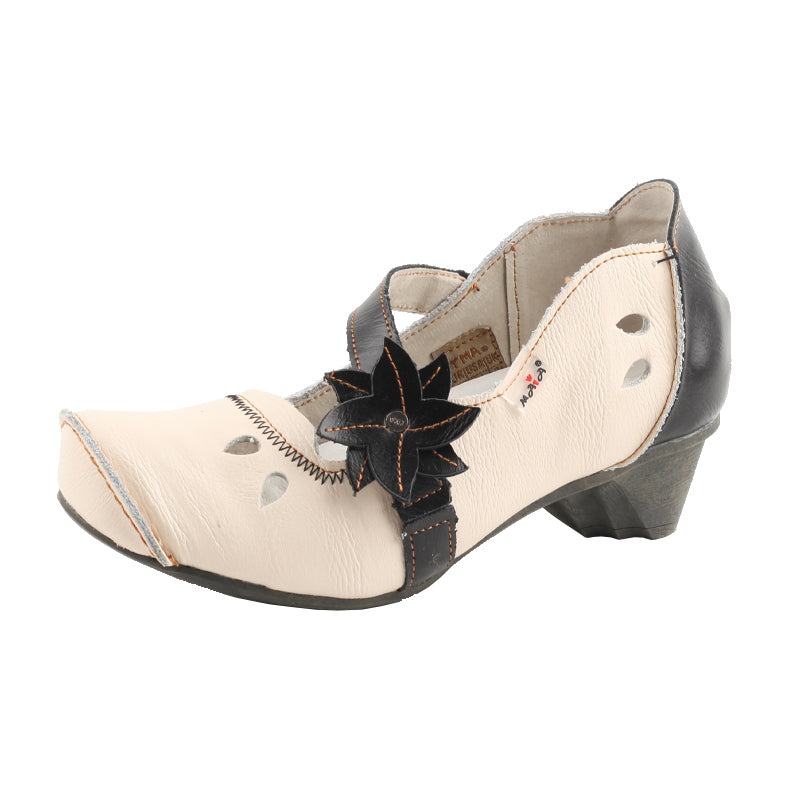 TMA EYES & MAiA Nnique Hollow Curled Toe Flower Elastic Decorated Women's Low-heeled Leather Shoes