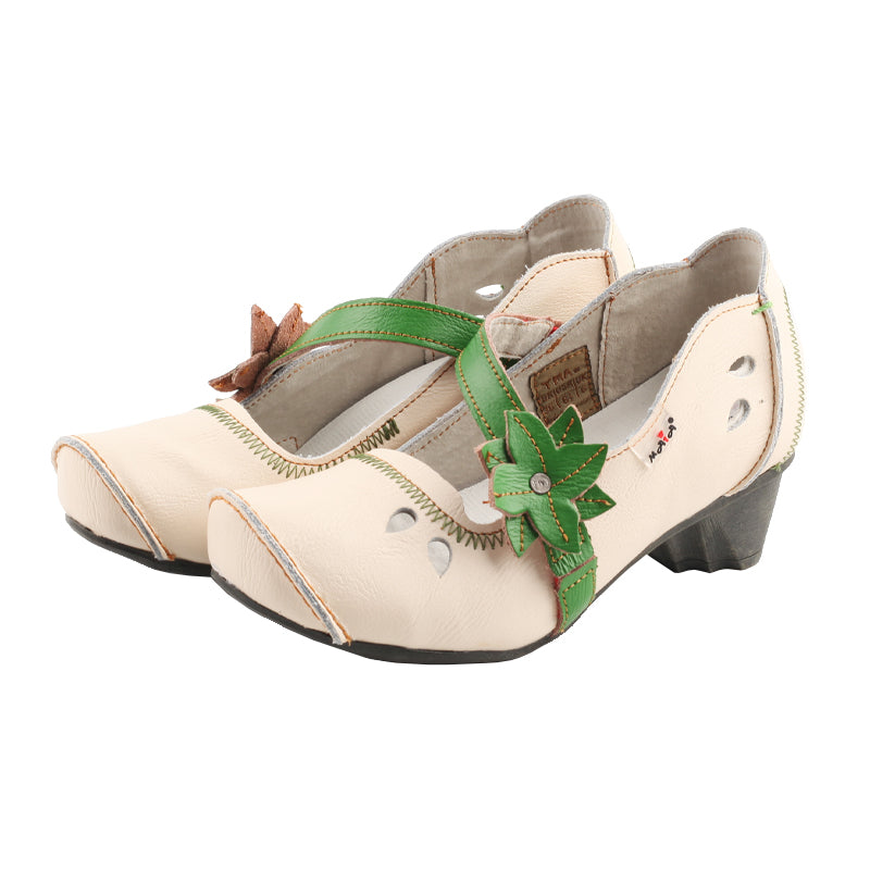 TMA EYES & MAiA Nnique Hollow Curled Toe Flower Elastic Decorated Women's Low-heeled Leather Shoes