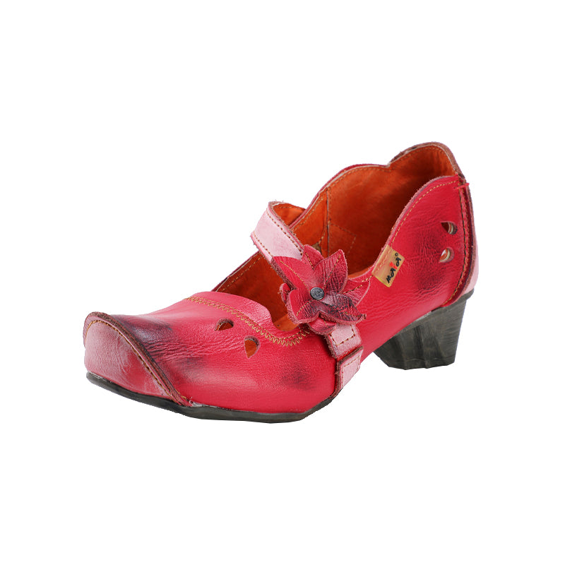TMA EYES & MAiA Nnique Hollow Curled Toe Flower Elastic Decorated Women's Low-heeled Leather Shoes