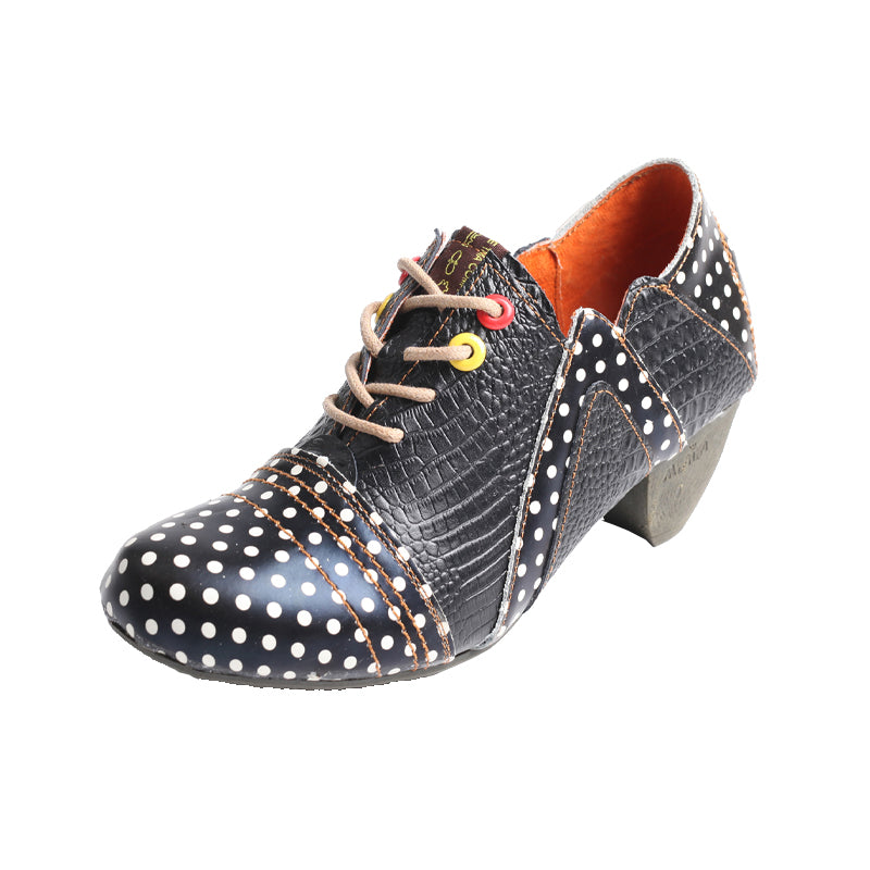 TMA EYES & MAiA Women's Retro Polka Dot Leather Booties Low Heel Lace Up Women's Ankle Boots