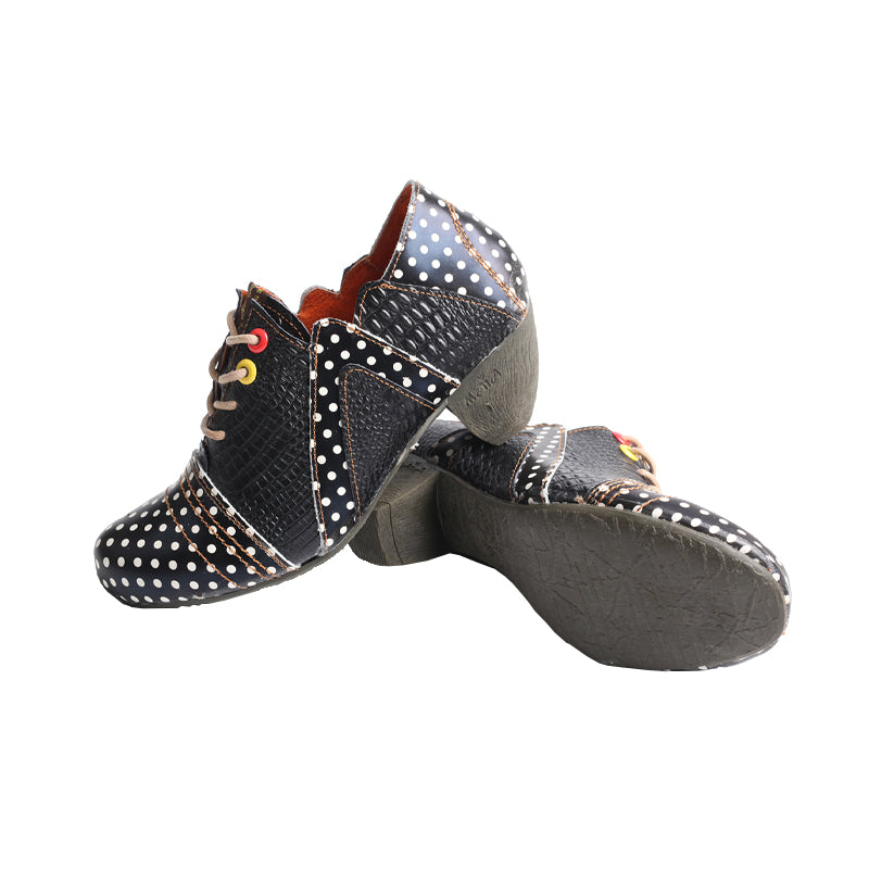 TMA EYES & MAiA Women's Retro Polka Dot Leather Booties Low Heel Lace Up Women's Ankle Boots