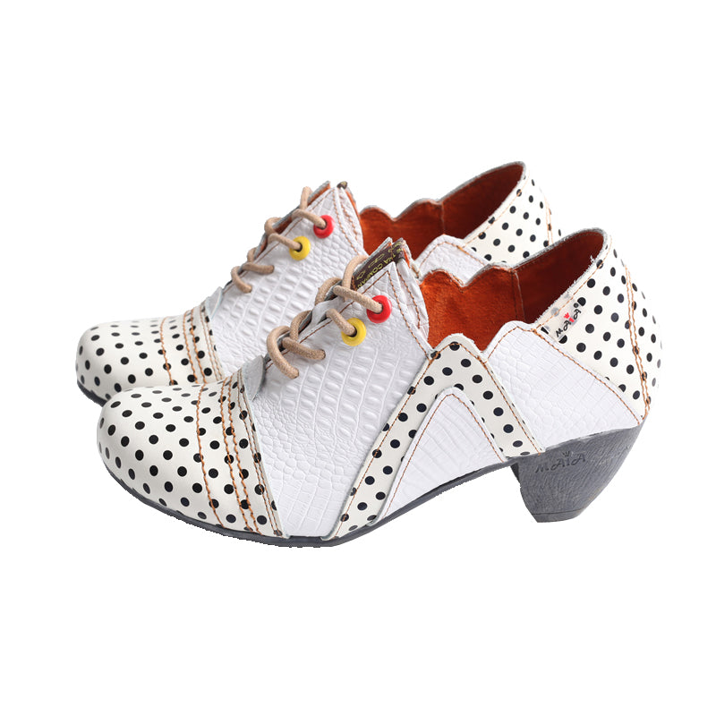 TMA EYES & MAiA Women's Retro Polka Dot Leather Booties Low Heel Lace Up Women's Ankle Boots