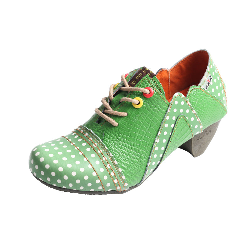 TMA EYES & MAiA Women's Retro Polka Dot Leather Booties Low Heel Lace Up Women's Ankle Boots