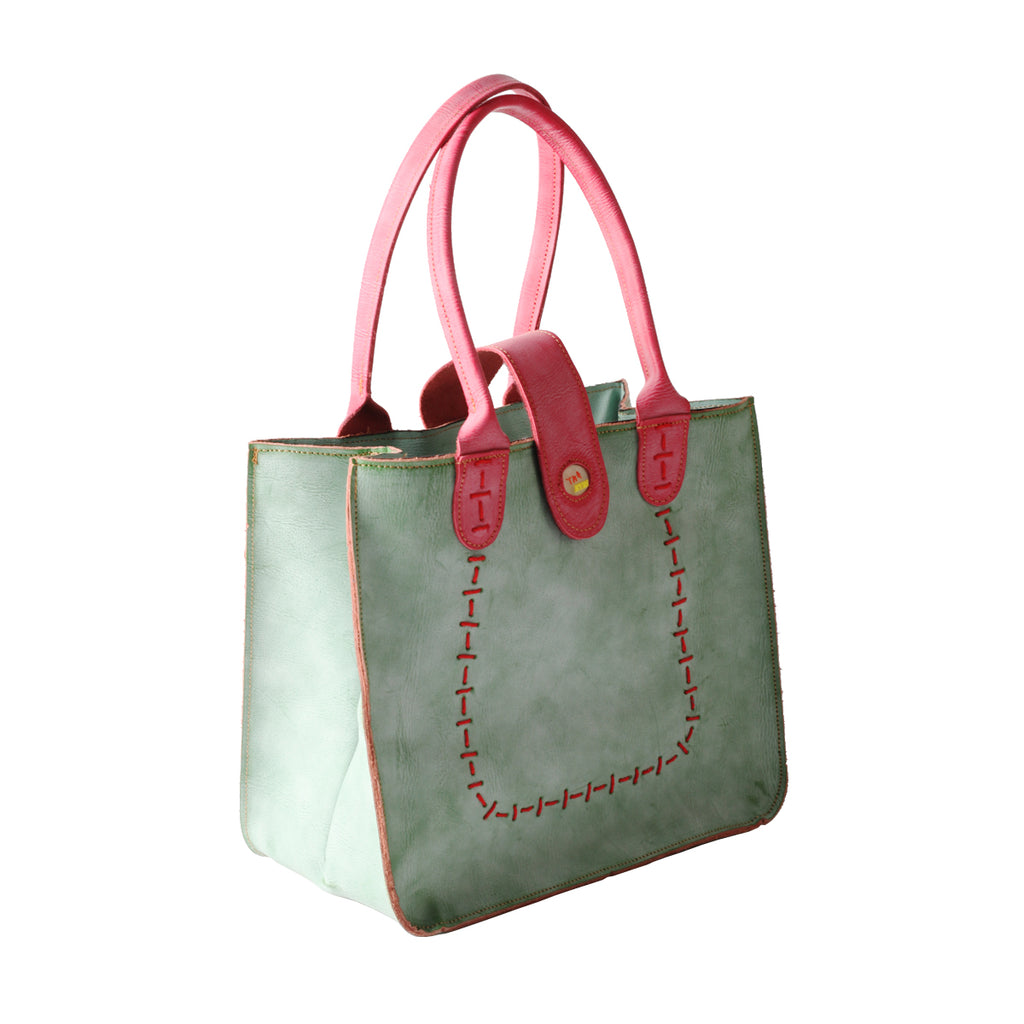 TMA EYES New Handcrafted Color-Blocked Genuine Leather Tote Bag: Perfect for School, Work, and Commuting