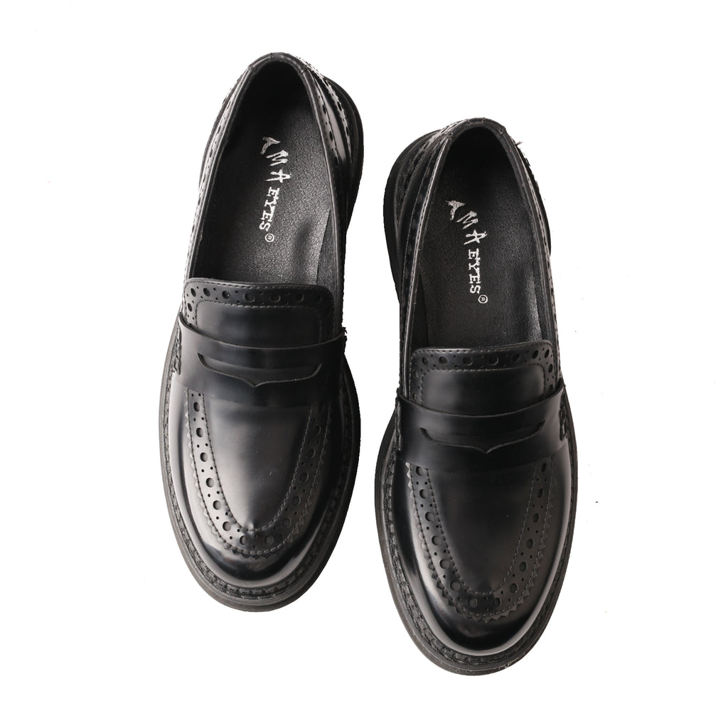 TMA EYES British Style Round Toe Chunky Platform Slip-On Loafers Women's Leather Shoes