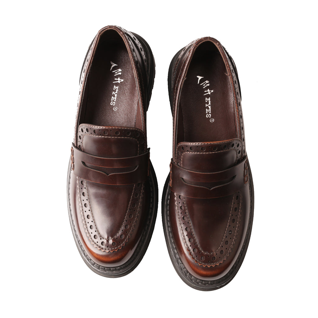TMA EYES British Style Round Toe Chunky Platform Slip-On Loafers Women's Leather Shoes