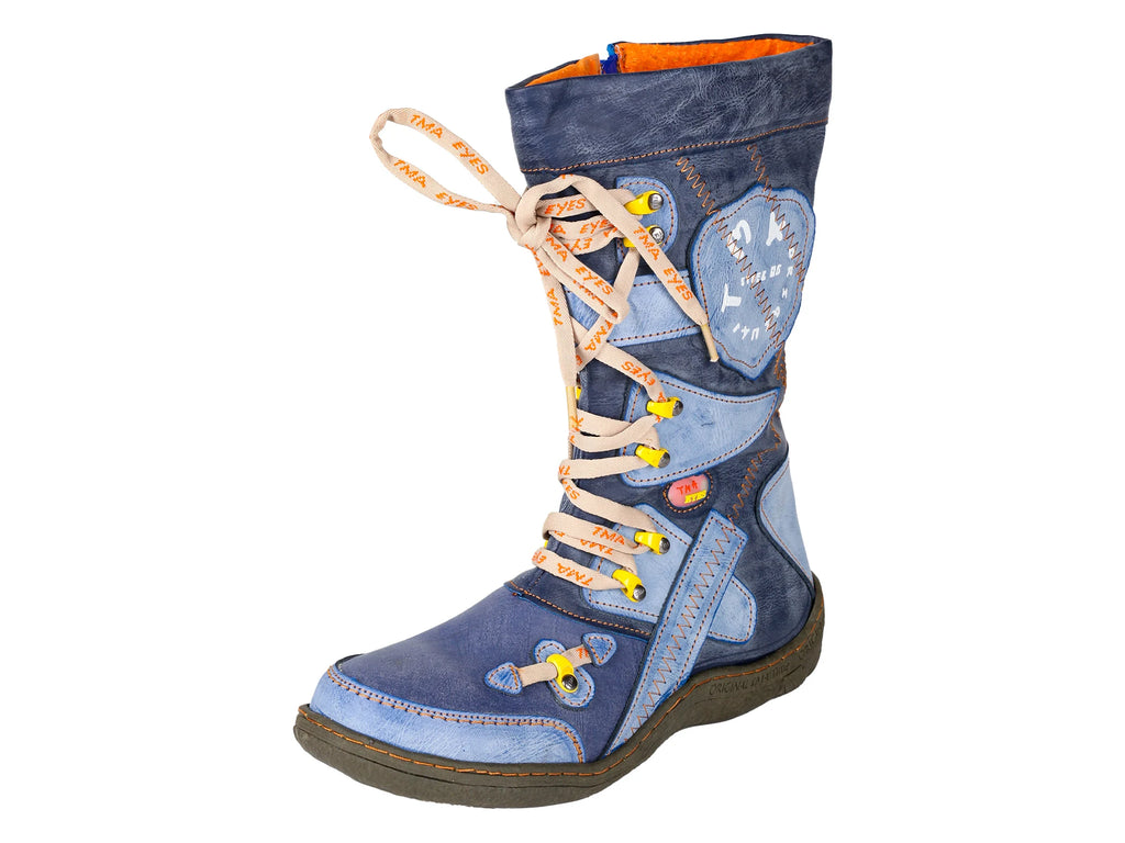 TMA EYES Patchwork Stitch-Detail PU Leather Mid-Calf Women's Boot